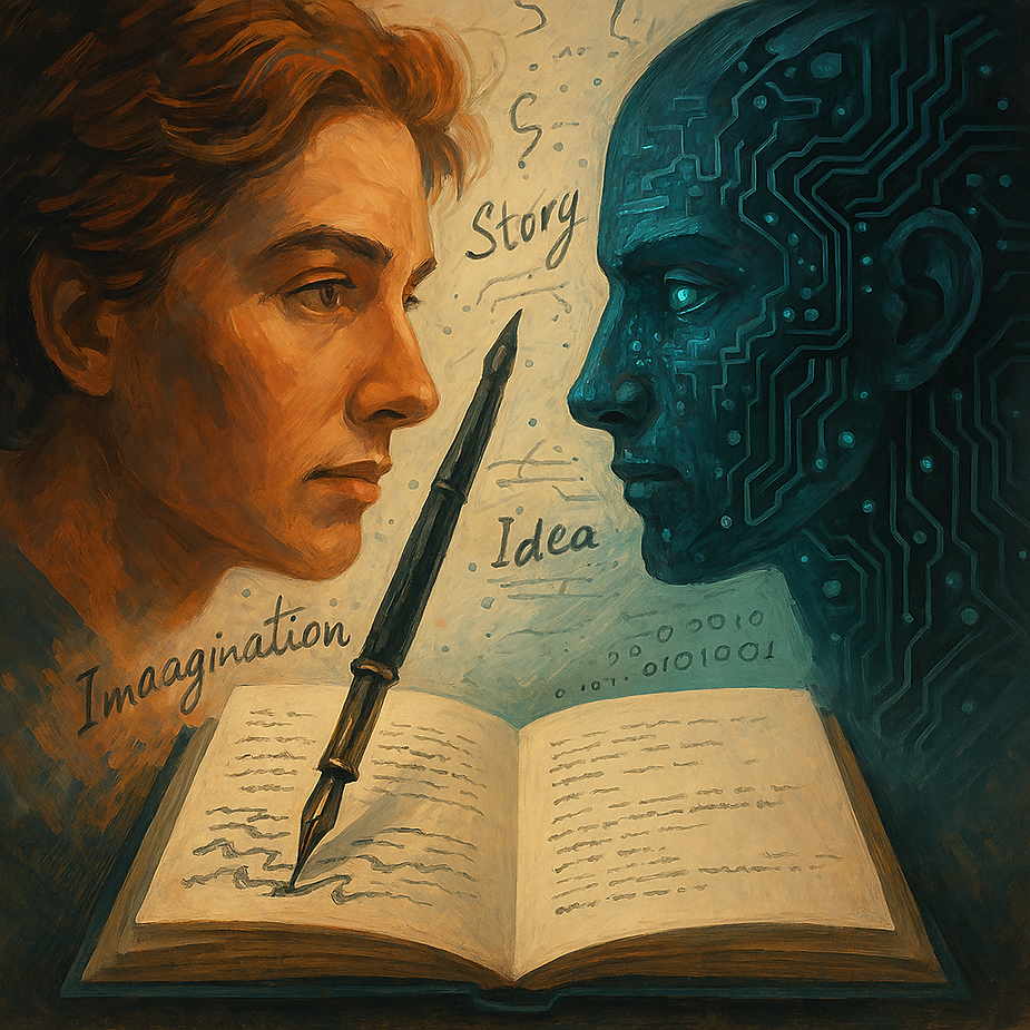 A Nova Coautoria: Inteligência Artificial E Criatividade Na Reescrita Da Narrativa 1 Representação Simbólica Da Inteligência Artificial E Criatividade Em Harmonia: Um Humano E Uma Ia Se Encaram Sobre Um Livro Aberto, Conectados Por Palavras Como “Story” E “Idea”, Com Circuitos E Códigos Ao Fundo. A Imagem Expressa A Fusão Entre Pensamento Criativo E Tecnologia.