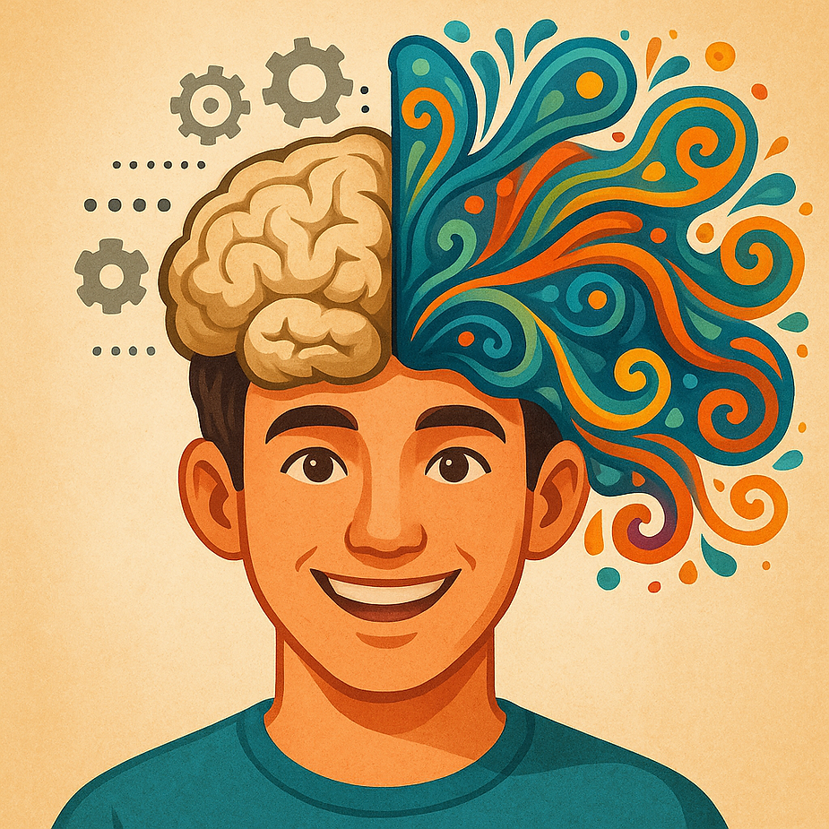 A Urgencia Silenciosa Da Teoria 1 Ilustração De Um Jovem Sorridente Com O Cérebro Dividido Em Dois Hemisférios. O Lado Esquerdo, Em Tons Neutros, Mostra Engrenagens Representando Repetição E Lógica Prática; O Lado Direito, Em Cores Vibrantes, Se Expande Com Formas Orgânicas Simbolizando Criatividade, Conhecimento Teórico E Pensamento Profundo.