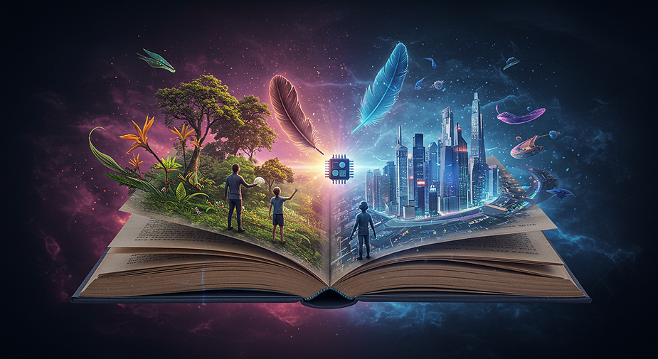 A Nova Coautoria: Inteligência Artificial E Criatividade Na Reescrita Da Narrativa 2 Ilustração Conceitual De Um Livro Aberto Do Qual Emergem Dois Mundos: À Esquerda, Uma Floresta Viva Com Pessoas E Natureza Exuberante; À Direita, Uma Cidade Futurista Com Prédios Altos, Naves E Luzes Neon. No Centro, Um Chip Simboliza A Convergência Entre Natureza, Imaginação E Tecnologia. A Imagem Representa O Encontro Entre Inteligência Artificial E Criatividade Na Construção De Narrativas.