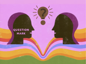 Ilustração Artística Mostrando Duas Silhuetas Humanas Em Perfil Se Encarando, Com Uma Lâmpada Contendo Um Ponto De Interrogação Brilhando Entre Elas Sobre Um Fundo De Ondas Coloridas Em Tons De Roxo, Rosa, Laranja E Verde, Simbolizando Questionamento, Curiosidade E Troca De Conhecimento.