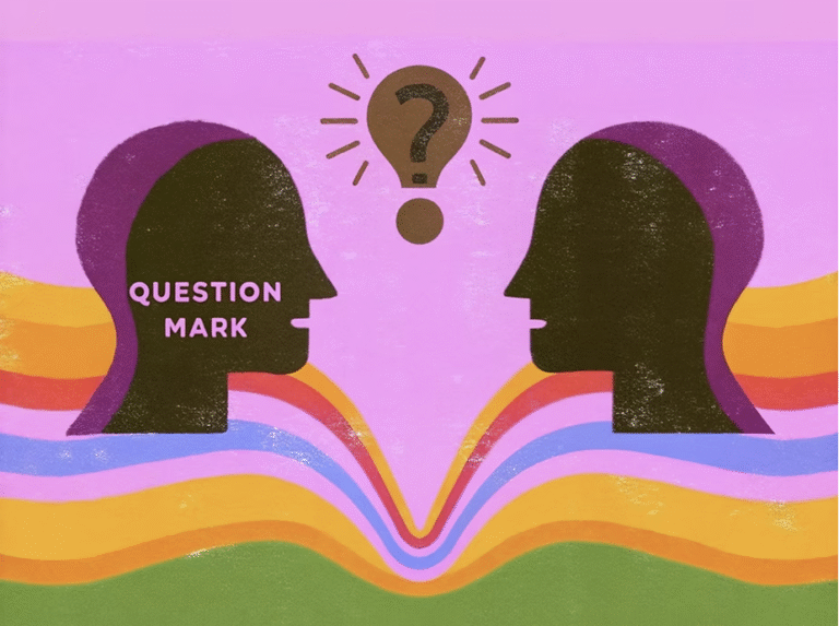 Mais Humano: A Arte Das Perguntas Na Era Da Inteligência Artificial 21 Ilustração Artística Mostrando Duas Silhuetas Humanas Em Perfil Se Encarando, Com Uma Lâmpada Contendo Um Ponto De Interrogação Brilhando Entre Elas Sobre Um Fundo De Ondas Coloridas Em Tons De Roxo, Rosa, Laranja E Verde, Simbolizando Questionamento, Curiosidade E Troca De Conhecimento.