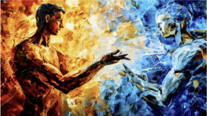 Arte Digital Impressionante Mostrando Um Homem Em Tons Quentes De Laranja E Dourado Estendendo A Mão Em Direção A Uma Figura Robótica Translúcida Em Tons Azuis E Prateados, Simbolizando O Encontro Entre Humanidade E Inteligência Artificial Em Um Estilo Artístico Fragmentado E Geométrico Que Representa A Fusão Entre O Orgânico E O Digital.