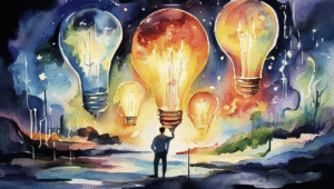 Ilustração Em Aquarela Mostrando Uma Figura Humana Solitária Contemplando Um Céu Noturno Repleto De Lâmpadas Gigantes E Coloridas Flutuando Como Balões, Representando Ideias E Inovação. As Lâmpadas Brilham Em Tons Vibrantes De Azul, Laranja, Amarelo E Vermelho Contra Um Fundo Cósmico Estrelado, Simbolizando A Liderança Criativa E A Visão Estratégica Necessárias Na Era Da Inteligência Artificial.