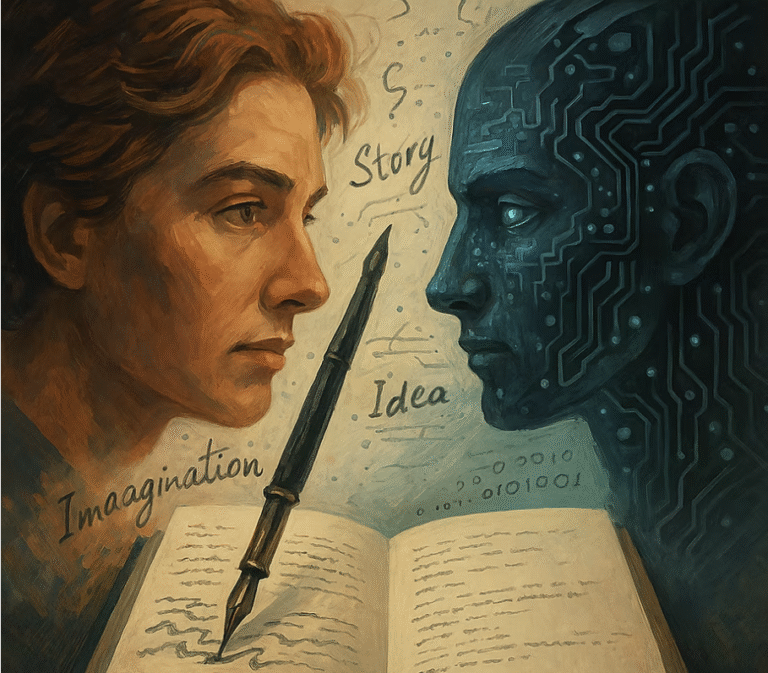 A Nova Coautoria: Inteligência Artificial E Criatividade Na Reescrita Da Narrativa 17 Ilustração Artística Mostrando Um Confronto Visual Entre Criatividade Humana E Inteligência Artificial: À Esquerda, Um Rosto Humano Contemplativo Em Tons Terrosos; À Direita, Um Perfil Robótico Com Circuitos Azuis Brilhantes. Entre Eles, Um Livro Aberto Serve Como Ponte, Com Palavras Como &Amp;Quot;Story&Amp;Quot;, &Amp;Quot;Idea&Amp;Quot; E &Amp;Quot;Imagination&Amp;Quot; Flutuando No Ar, Enquanto Códigos Binários Se Misturam Com A Narrativa, Simbolizando A Colaboração Entre Mente Humana E Ia Na Criação De Histórias.