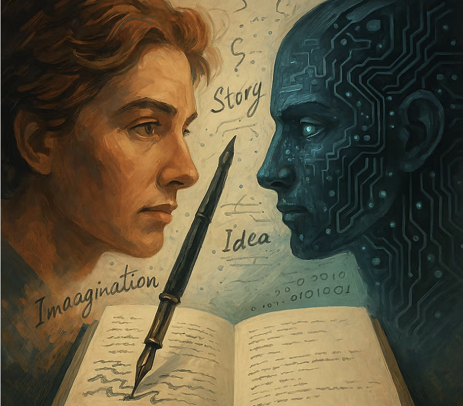 Ilustração artística mostrando um confronto visual entre criatividade humana e inteligência artificial: à esquerda, um rosto humano contemplativo em tons terrosos; à direita, um perfil robótico com circuitos azuis brilhantes. Entre eles, um livro aberto serve como ponte, com palavras como "Story", "Idea" e "Imagination" flutuando no ar, enquanto códigos binários se misturam com a narrativa, simbolizando a colaboração entre mente humana e IA na criação de histórias.
