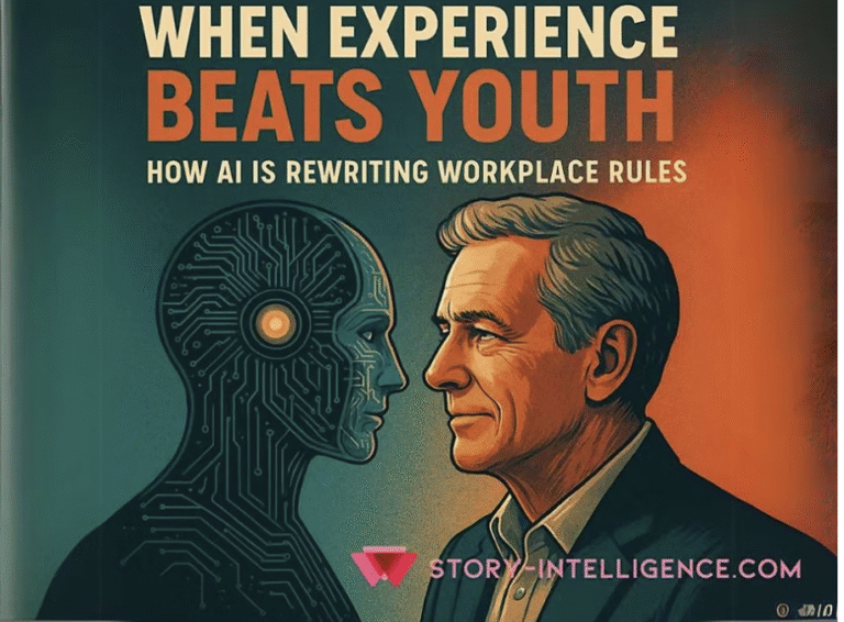 Quando A Experiência Supera A Juventude: As Novas Regras Do Trabalho Na Era Da Ia 14 Ilustração Artística Mostrando O Confronto Entre Experiência E Juventude No Mercado De Trabalho Moderno: À Esquerda, Uma Silhueta Humana Com Circuitos Digitais Representando A Ia, E À Direita, Um Homem Maduro De Perfil Com Expressão Contemplativa E Confiante. O Fundo Apresenta Tons Quentes De Laranja E Vermelho, Simbolizando A Transformação Do Ambiente Corporativo. O Texto &Amp;Quot;When Experience Beats Youth - How Ai Is Rewriting Workplace Rules&Amp;Quot; Destaca A Inversão De Valores No Mundo Profissional, Com O Logo Story-Intelligence.com Posicionado Estrategicamente.