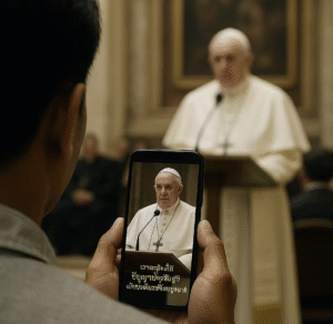 Imagem Conceitual Poderosa Mostrando Uma Pessoa Filmando O Papa Francisco Com Um Smartphone Durante Uma Audiência No Vaticano. Na Tela Do Celular, Vemos O Papa Em Close-Up Com Legendas Em Texto Tailandês, Enquanto Ao Fundo, Desfocado, Está O Próprio Papa Discursando No Ambiente Solene E Dourado Da Sala Paulo Vi. A Composição Cria Uma Reflexão Visual Sobre Como A Tecnologia Digital Media Nossa Experiência Com A Espiritualidade E Autoridade Moral, Simbolizando O Encontro Entre Tradição Milenar E Era Digital.