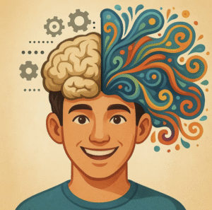 Ilustração Artística De Um Jovem Sorridente Com Expressão Confiante, Mostrando O Cérebro Dividido Simbolicamente Em Dois Hemisférios Distintos. O Lado Esquerdo, Representado Em Tons Neutros De Cinza E Bege, Contém Engrenagens Mecânicas E Pontos Organizados, Simbolizando O Pensamento Lógico, Repetitivo E Prático. O Lado Direito Explode Em Cores Vibrantes - Azuis, Laranjas E Verdes - Com Formas Orgânicas Fluidas, Espirais Criativas E Padrões Dinâmicos Que Se Expandem Além Dos Limites Da Cabeça, Representando Criatividade, Pensamento Teórico, Inovação E Conhecimento Profundo. O Fundo Em Tom Bege Neutro Destaca O Contraste Entre Os Dois Modos De Pensamento, Criando Uma Metáfora Visual Poderosa Sobre A Dualidade Entre Execução Mecânica E Criatividade Humana.
