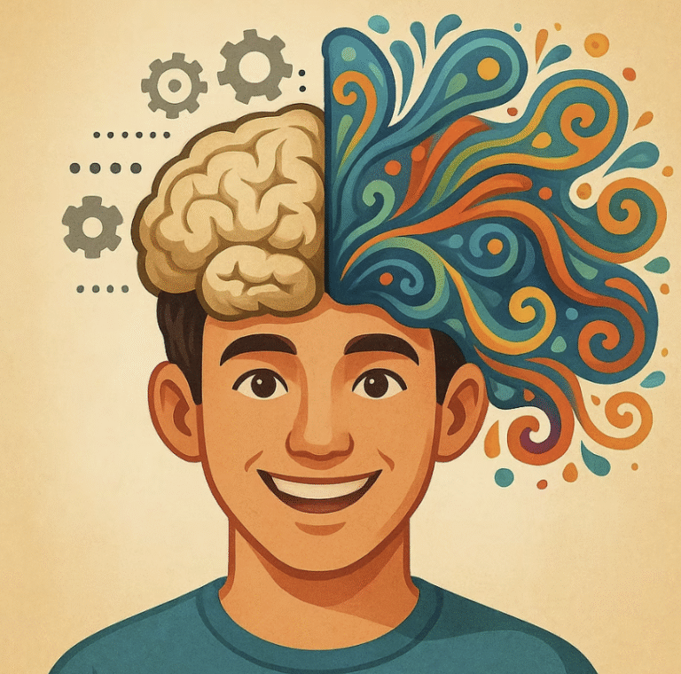 A Urgencia Silenciosa Da Teoria 10 Ilustração Artística De Um Jovem Sorridente Com Expressão Confiante, Mostrando O Cérebro Dividido Simbolicamente Em Dois Hemisférios Distintos. O Lado Esquerdo, Representado Em Tons Neutros De Cinza E Bege, Contém Engrenagens Mecânicas E Pontos Organizados, Simbolizando O Pensamento Lógico, Repetitivo E Prático. O Lado Direito Explode Em Cores Vibrantes - Azuis, Laranjas E Verdes - Com Formas Orgânicas Fluidas, Espirais Criativas E Padrões Dinâmicos Que Se Expandem Além Dos Limites Da Cabeça, Representando Criatividade, Pensamento Teórico, Inovação E Conhecimento Profundo. O Fundo Em Tom Bege Neutro Destaca O Contraste Entre Os Dois Modos De Pensamento, Criando Uma Metáfora Visual Poderosa Sobre A Dualidade Entre Execução Mecânica E Criatividade Humana.