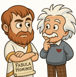As Personagens Bert (Einstein) E Aristô (Aristóteles) Discutindo, Ilustrando O Diálogo Entre Criatividade E Lógica Na Era Da Ia, A Filosofia Da Story-Intelligence.