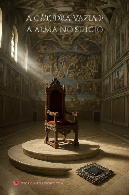 A Cátedra Vazia E A Alma No Silício: Ia E A Igreja 12 A Cátedra Papal Vazia, Iluminada Por Uma Luz Divina E Um Brilho Digital, Simbolizando O Debate Entre A Alma Humana E A Tecnologia No Artigo Sobre Ia E A Igreja.