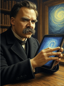 Busto Do Filósofo Nietzsche Usando Óculos Cyberpunk, Ilustrando A Análise Sobre Nietzsche E A Inteligência Artificial E A Crítica Ao Ressentimento Humano Diante Da Tecnologia.