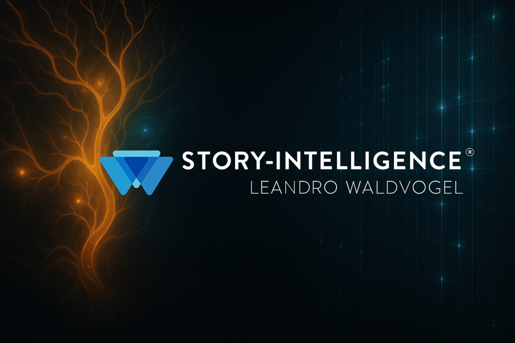 Story-Intelligence: Humanidade E Ia Cocriando Narrativas Transformadoras 1 Imagem Conceitual Representando A Story-Intelligence: À Esquerda, Uma Estrutura Orgânica Dourada Semelhante A Uma Árvore Ou Neurônios; À Direita, Uma Grade Digital Azul Com Pontos De Luz. Sobreposto Ao Centro, O Logotipo 'Story-Intelligence Leandro Waldvogel'