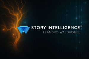 Imagem Conceitual Representando A Story-Intelligence: À Esquerda, Uma Estrutura Orgânica Dourada Semelhante A Uma Árvore Ou Neurônios; À Direita, Uma Grade Digital Azul Com Pontos De Luz. Sobreposto Ao Centro, O Logotipo 'Story-Intelligence Leandro Waldvogel'
