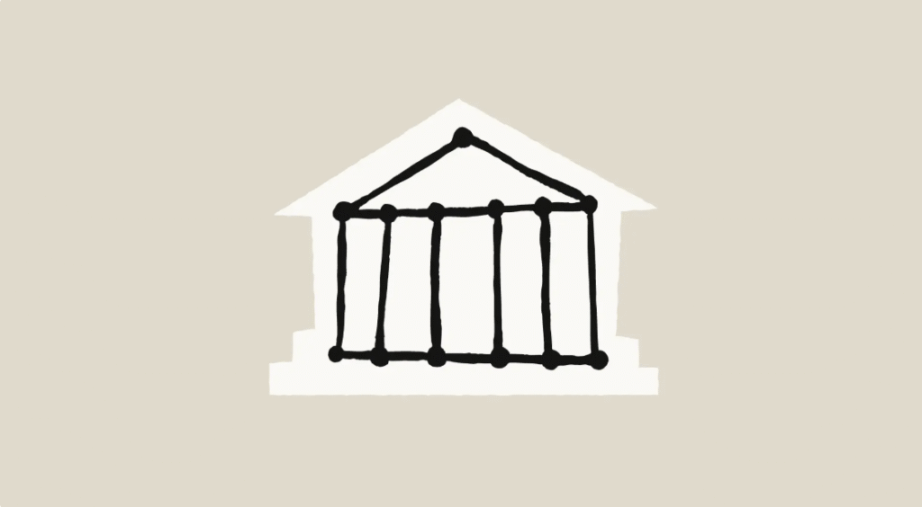 Ilustração de um panteão clássico desenhado à mão, simbolizando a governança e a necessidade de criar novas instituições para a diplomacia e transparência da IA.