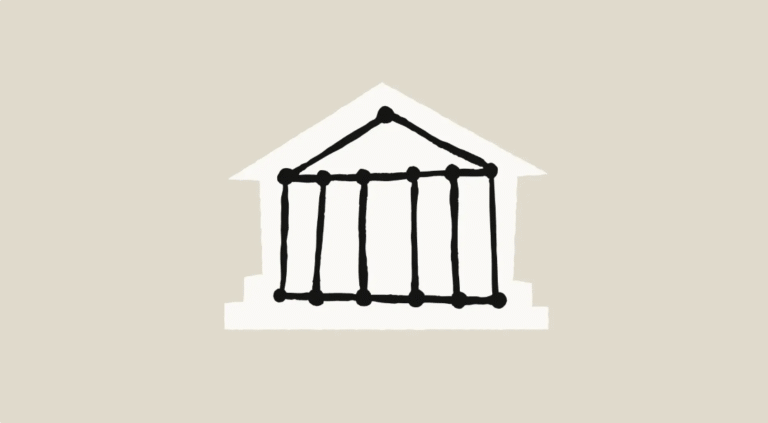 Ilustração de um panteão clássico desenhado à mão, simbolizando a governança e a necessidade de criar novas instituições para a diplomacia e transparência da IA.