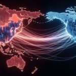 Mapa-múndi iluminado em vermelho e azul, com redes de dados conectando EUA e China, simbolizando a geopolítica da IA e o poder computacional.
