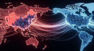 Mapa-múndi iluminado em vermelho e azul, com redes de dados conectando EUA e China, simbolizando a geopolítica da IA e o poder computacional.
