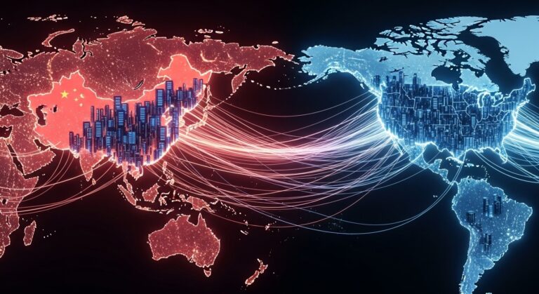 Mapa-múndi iluminado em vermelho e azul, com redes de dados conectando EUA e China, simbolizando a geopolítica da IA e o poder computacional.