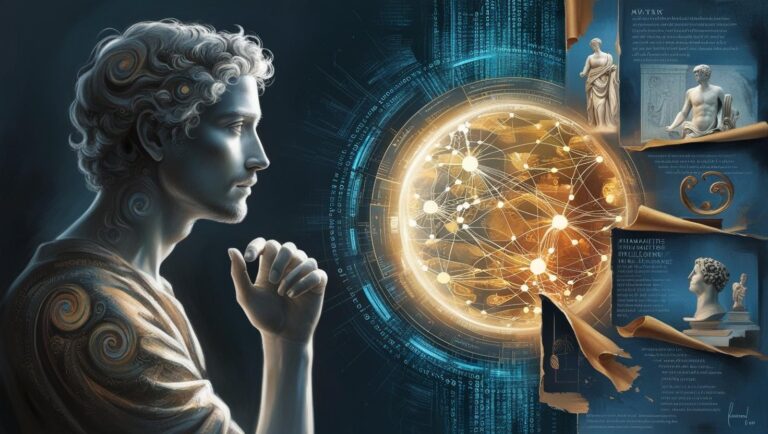 As Humanidades Na Encruzilhada Da Inteligência Artificial: Réquiem Ou Renascimento? 13 Ilustração De Uma Figura Clássica Contemplando Uma Esfera Digital, Simbolizando O Encontro Entre Humanidades E Inteligência Artificial E O Futuro Do Conhecimento.